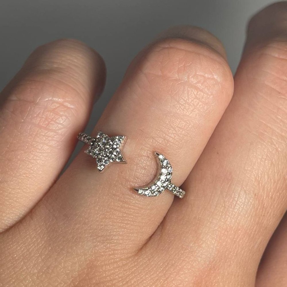 Sterling Silver women's ring with white crystals moon and star adjustable ring